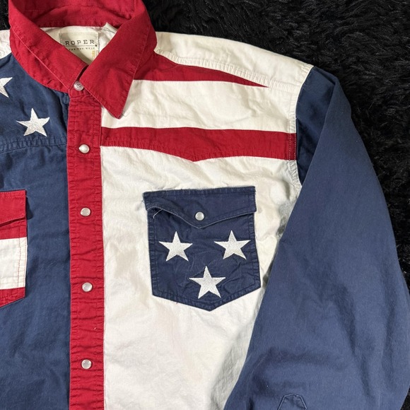Roper Shirt Mens XL Red White Blue Western Pearl Snap USA Flag Stars Stripes - Picture 4 of 10